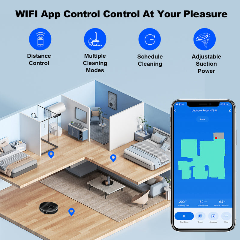 Liectroux N7S-U robot vacuum cleaner 2 in 1 vacuum and mop function, 4400mah battery, 4000pa suction power for home cleaning